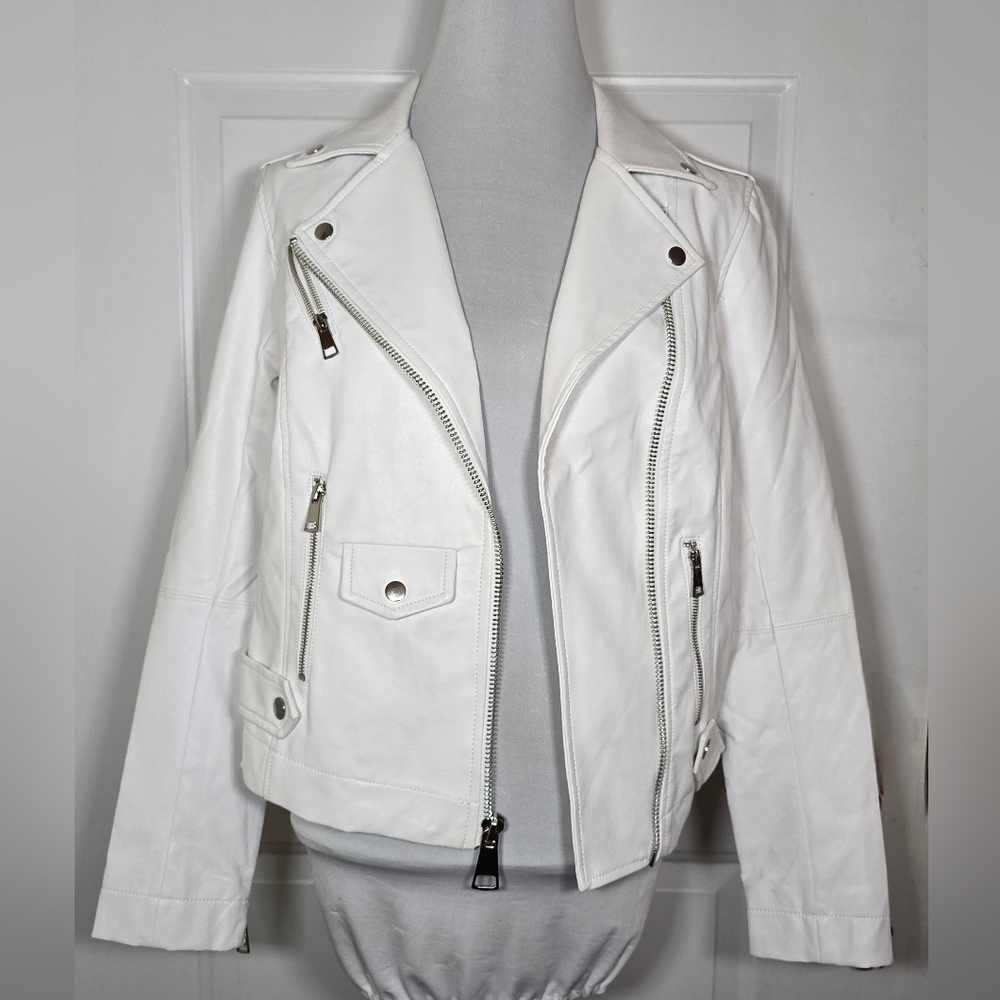 Guess L.A. White Faux Leather Moto Jacket Size Medium Zip